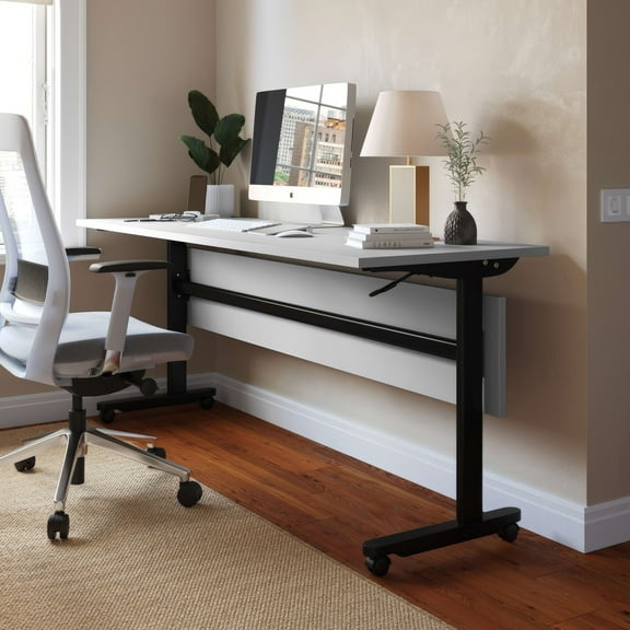 Emma + Oliver Heavy-Duty Flip Top Training Table with Nesting Design, Privacy Panel, T-Legs, 1" Gray Tabletop, Black Metal Frame - 72" x 24"