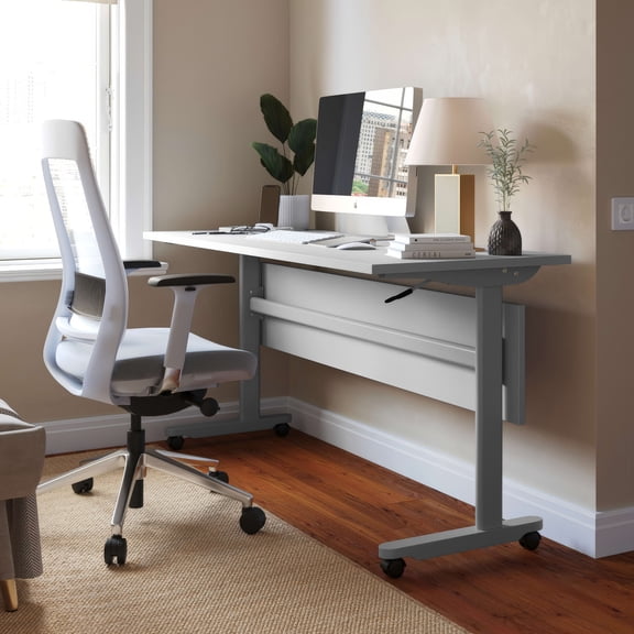 Emma + Oliver Heavy-Duty Flip Top Training Table with Nesting Design, Privacy Panel, T-Legs, 1" Gray Tabletop, Gray Metal Frame - 60" x 24"