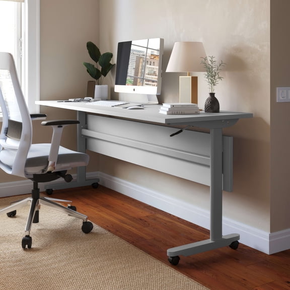 Emma + Oliver Heavy-Duty Flip Top Training Table with Nesting Design, Privacy Panel, T-Legs, 1" Gray Tabletop, Gray Metal Frame - 72" x 24"
