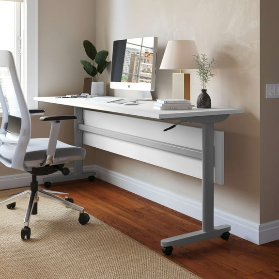 Emma + Oliver Heavy-Duty Flip Top Training Table with Nesting Design, Privacy Panel, T-Legs, 1" White Tabletop, Gray Metal Frame - 72" x 24"