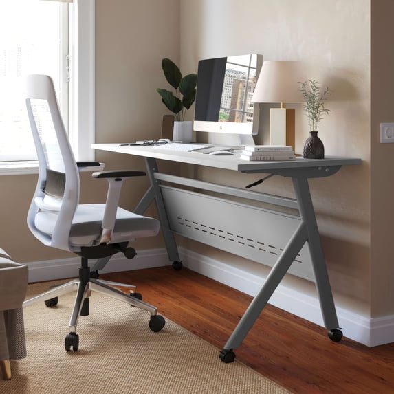 Emma + Oliver Heavy-Duty Flip Top Training Table with Nesting Design, Privacy Panel, Y-Legs, 1" Gray Tabletop, Gray Metal Frame - 60" x 24"