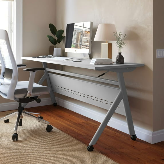 Emma + Oliver Heavy-Duty Flip Top Training Table with Nesting Design, Privacy Panel, Y-Legs, 1" Gray Tabletop, Gray Metal Frame - 72" x 24"