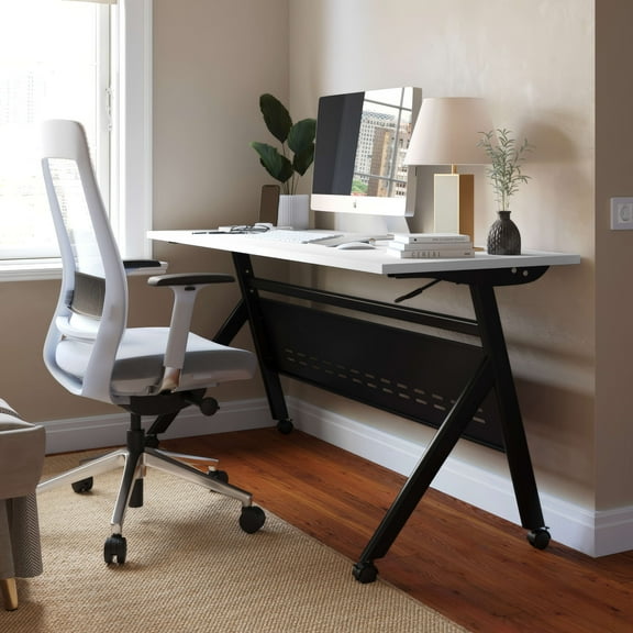 Emma + Oliver Heavy-Duty Flip Top Training Table with Nesting Design, Privacy Panel, Y-Legs, 1" White Tabletop, Black Metal Frame - 60" x 24"