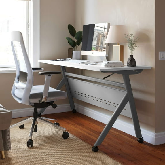 Emma + Oliver Heavy-Duty Flip Top Training Table with Nesting Design, Privacy Panel, Y-Legs, 1" White Tabletop, Gray Metal Frame - 60" x 24"
