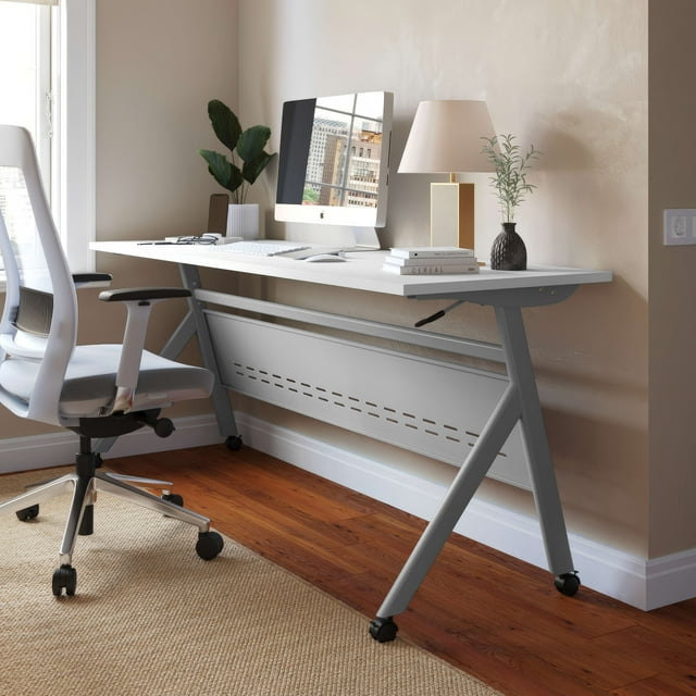 Emma + Oliver Heavy-Duty Flip Top Training Table with Nesting Design, Privacy Panel, Y-Legs, 1" White Tabletop, Gray Metal Frame - 72" x 24"