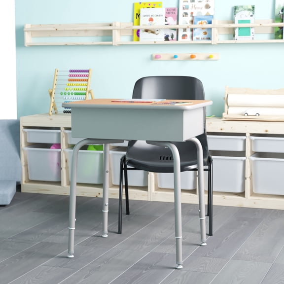 Emma + Oliver Height Adjustable Student Desk with Open Front Metal Book Box, Silver Metal Frame and Walnut Finished Desktop
