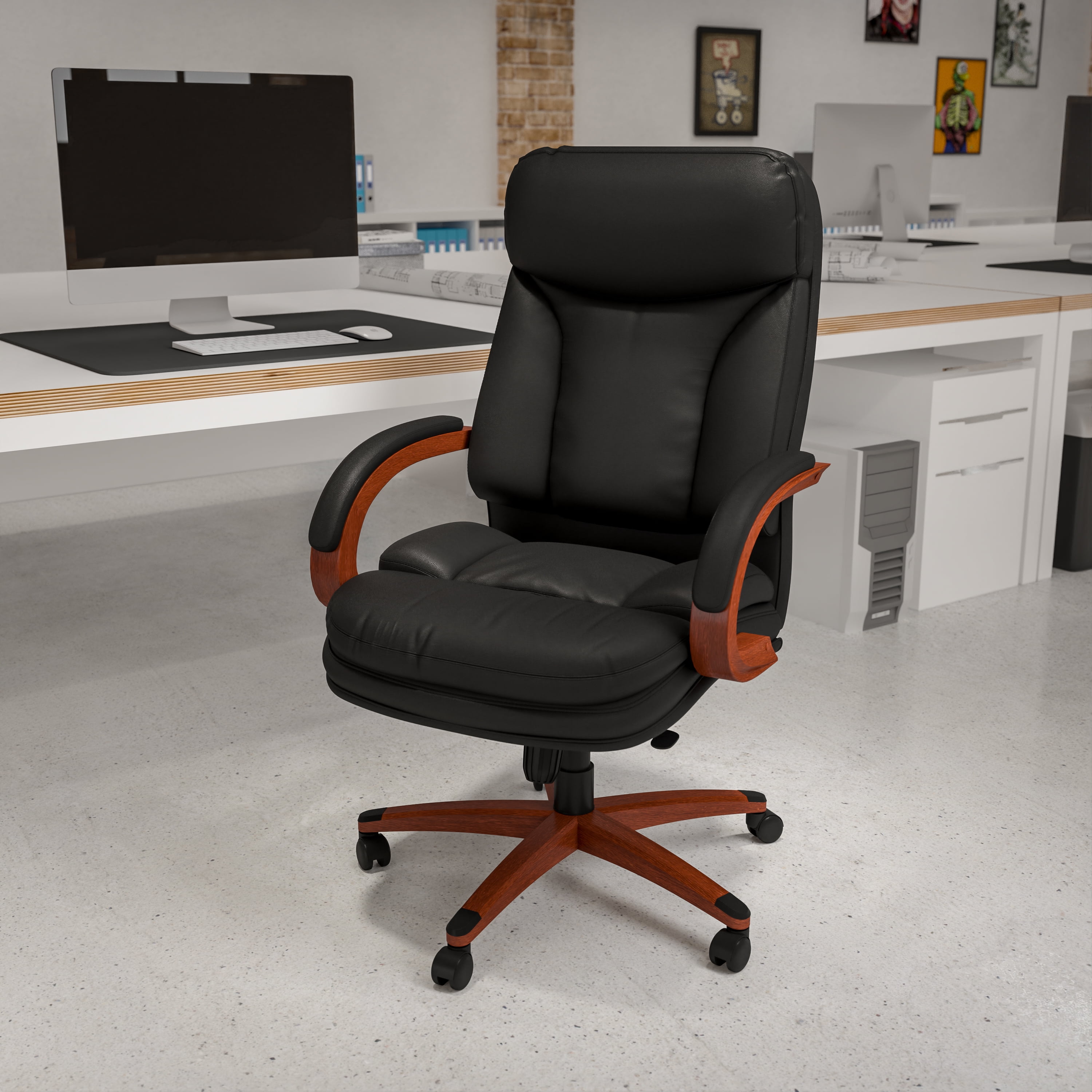 High Back Black Leather Executive Swivel Chair with Mahogany Wood Base