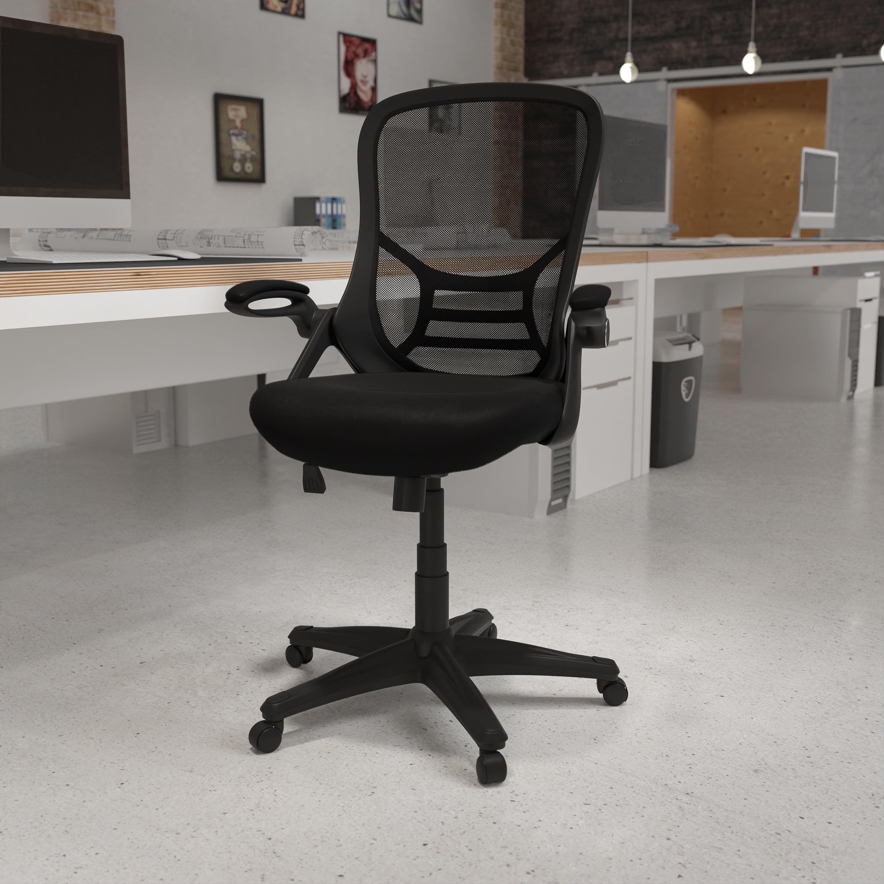 Emma + Oliver High Back Black Mesh Ergonomic Office Chair with Black Frame and Flip-up Arms
