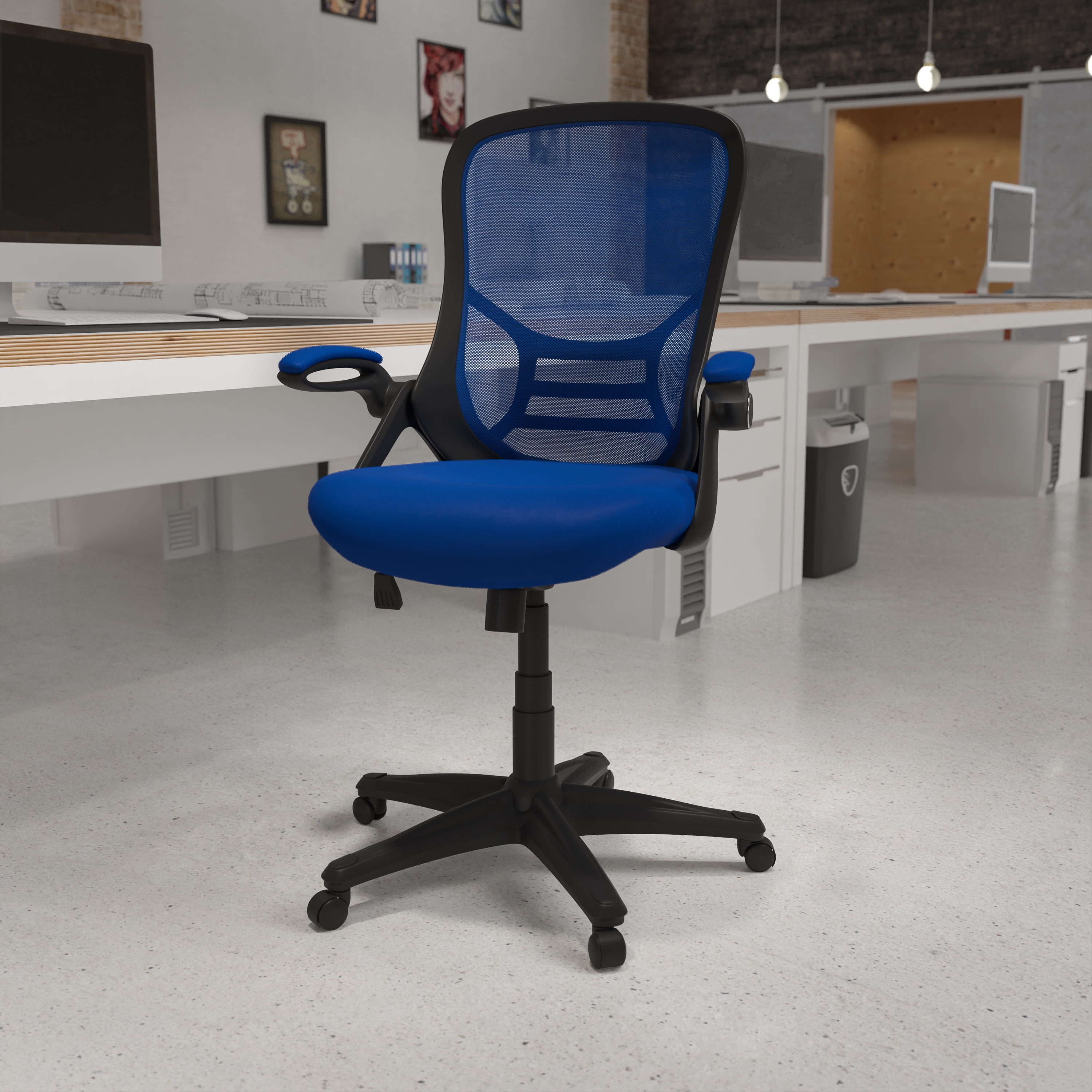 Emma + Oliver High Back Blue Mesh Ergonomic Office Chair with Black Frame and Flip-up Arms