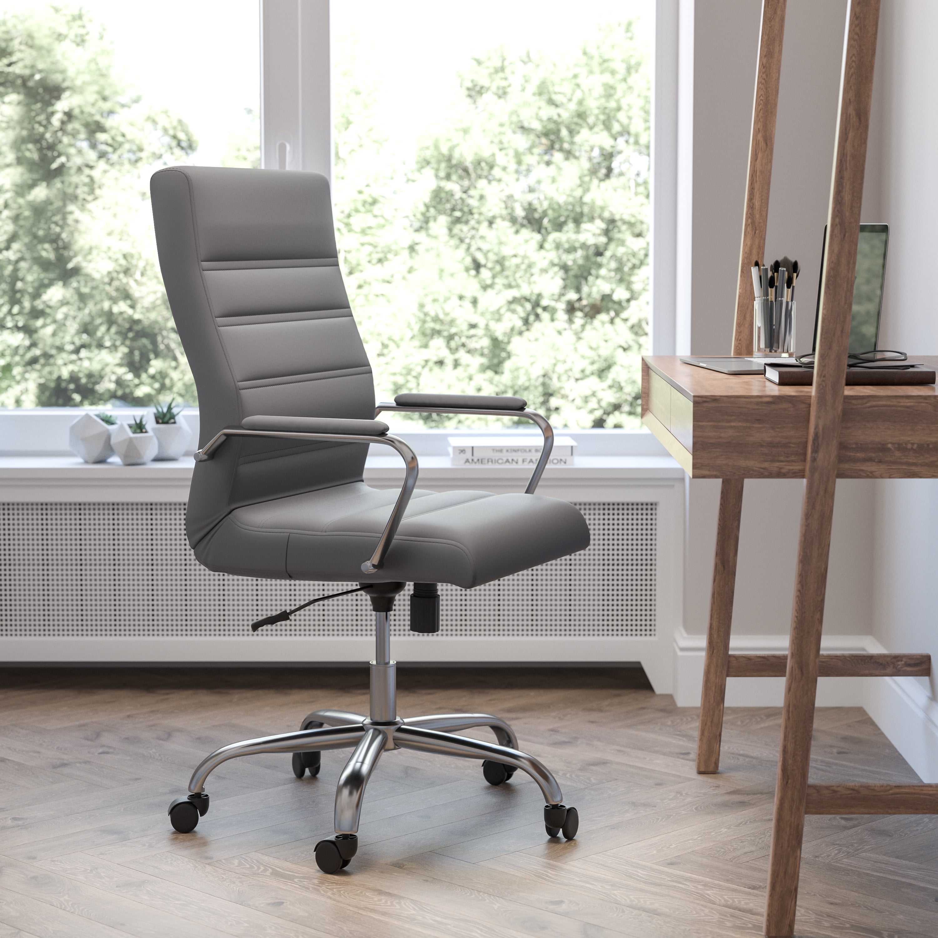 Gray LeatherSoft High-Back Executive Swivel Chair with Chrome Frame