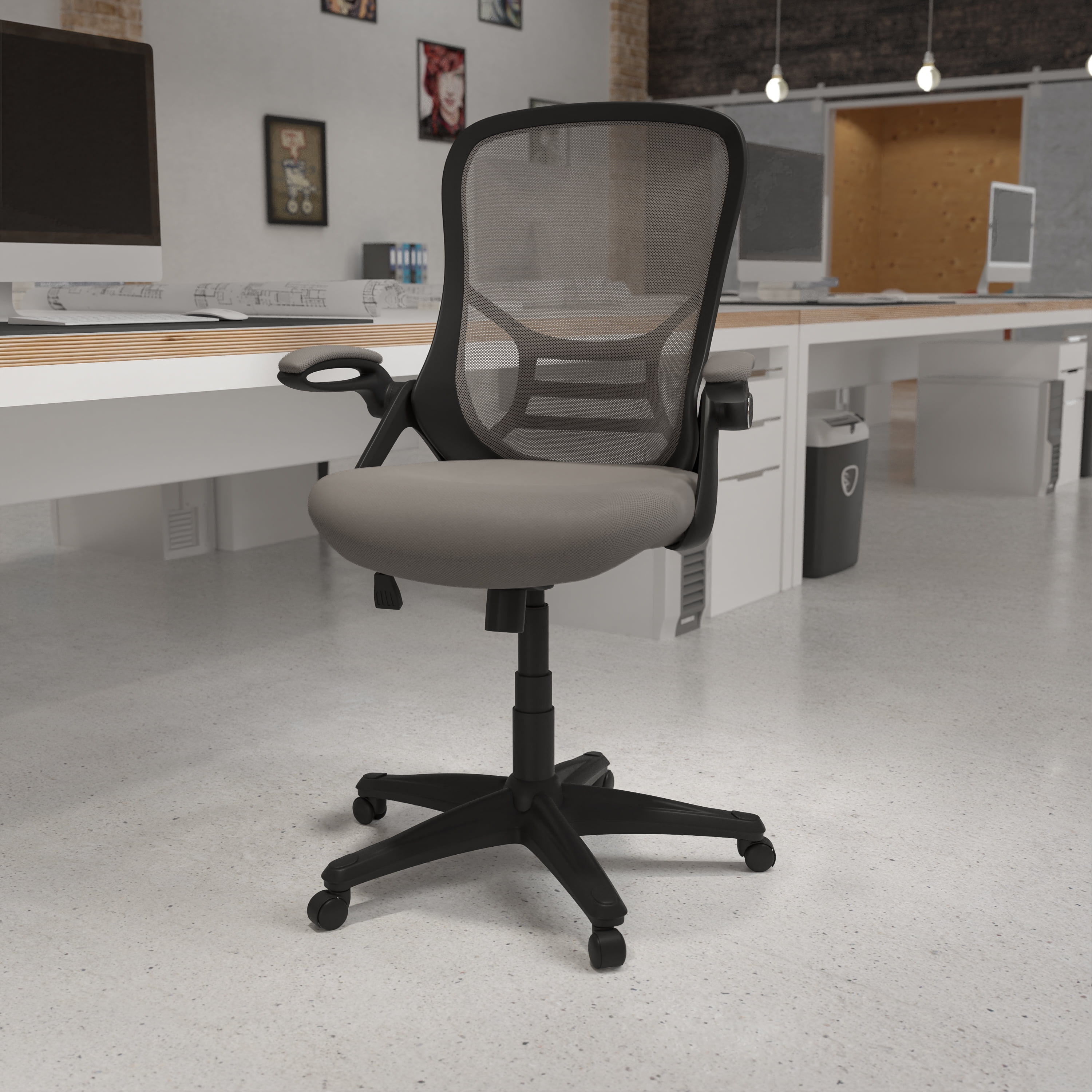Emma + Oliver High Back Light Gray Mesh Ergonomic Office Chair w/ Black Frame and Flip-up Arms