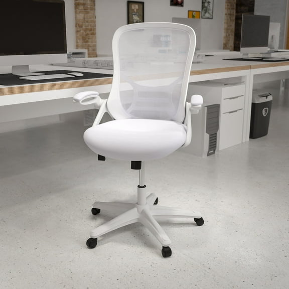 Emma + Oliver High Back White Mesh Ergonomic Office Chair with White Frame and Flip-up Arms