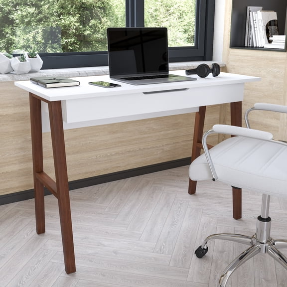 Emma + Oliver Home Office Writing Computer Desk with Drawer - Table Desk, White/Walnut