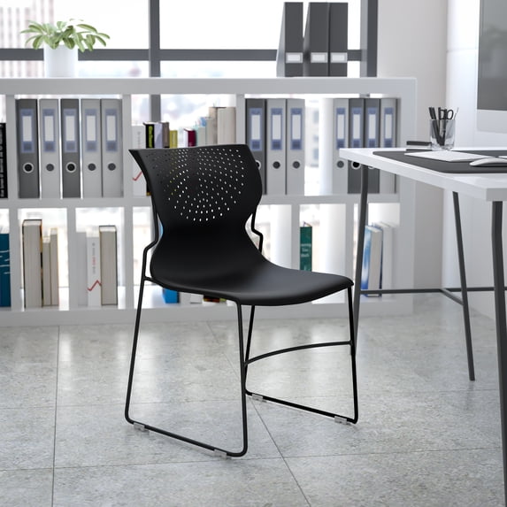 Emma + Oliver Home and Office Black Full Back Stack Chair with Black Frame - Guest Chair