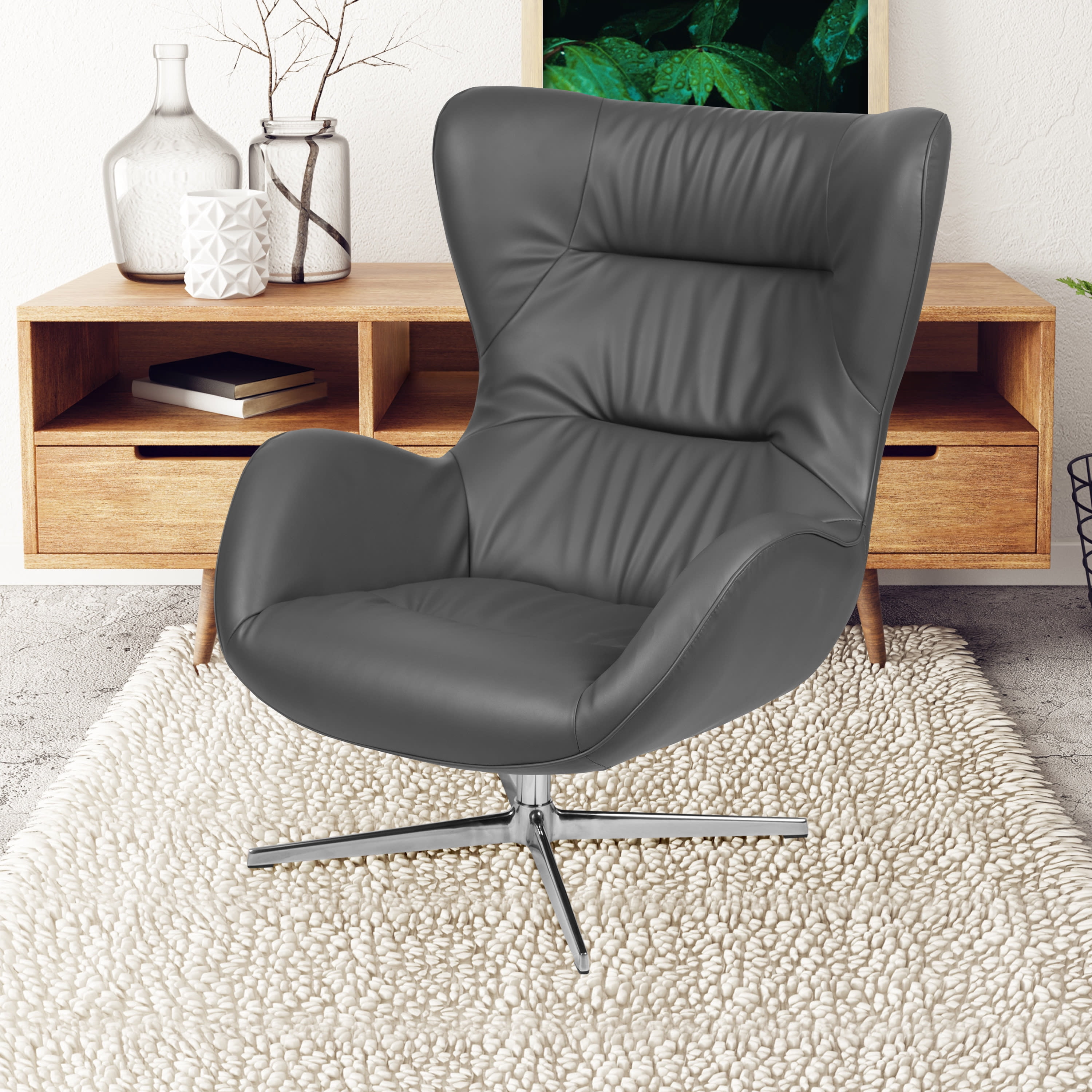 Gray LeatherSoft Retro Swivel Wing Accent Chair with Aluminum Base