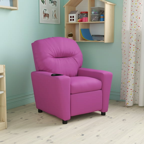 Emma + Oliver Hot Pink Vinyl Kids Recliner with Cup Holder