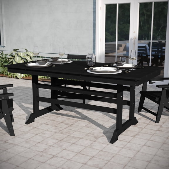Emma + Oliver Indoor-Outdoor 72" Rectangle Adirondack Dining Table for 6 with Recycled HDPE Construction in Black