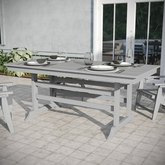 Emma + Oliver Indoor-Outdoor 72" Rectangle Adirondack Dining Table for 6 with Recycled HDPE Construction in Gray
