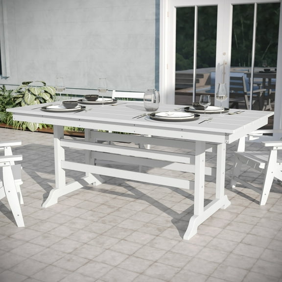 Emma + Oliver Indoor-Outdoor 72" Rectangle Adirondack Dining Table for 6 with Recycled HDPE Construction in White