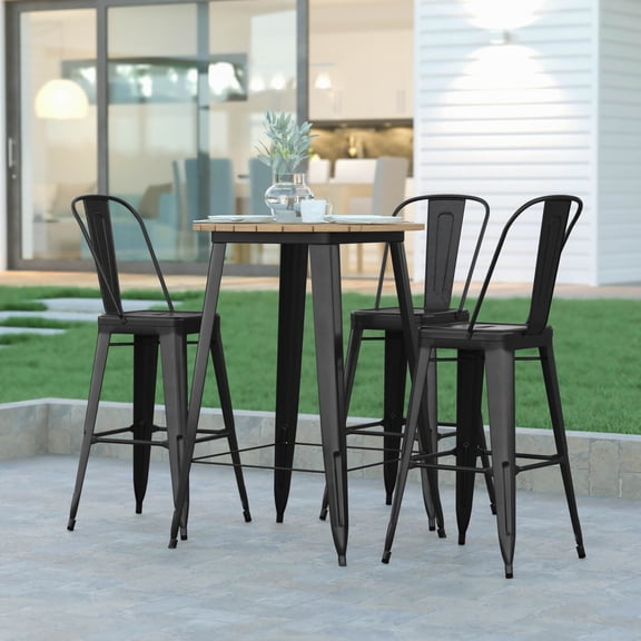 Emma + Oliver Indoor/Outdoor Bar Top Table, 30" Round All Weather Brown Poly Resin Top with Black Steel base