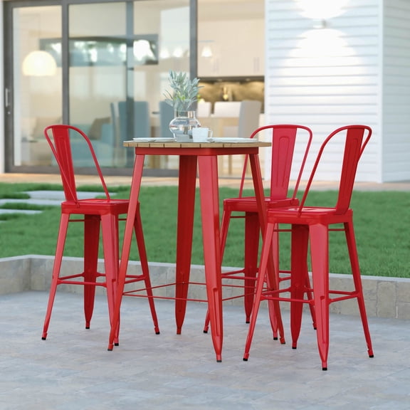 Emma + Oliver Indoor/Outdoor Bar Top Table, 30" Round All Weather Brown Poly Resin Top with Red Steel base