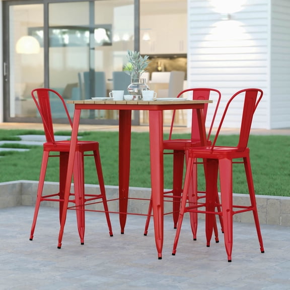 Emma + Oliver Indoor/Outdoor Bar Top Table, 31.5" Square All Weather Brown Poly Resin Top with Red Steel base