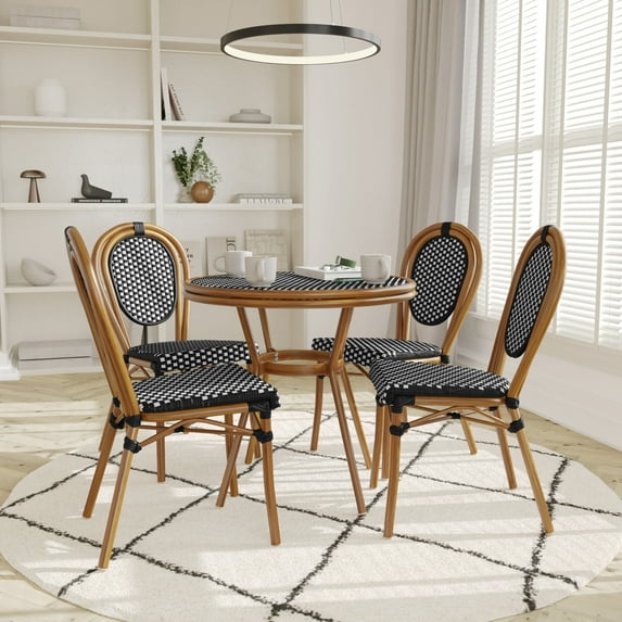 Emma + Oliver Indoor/Outdoor Bistro Style 31.5 in. Table with Black & White PE Rattan, Glass Top, and Four Chairs - Natural Frame