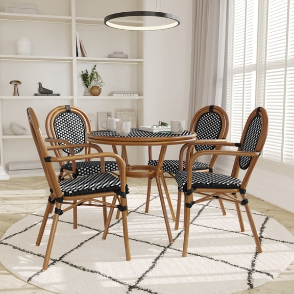Emma + Oliver Indoor/Outdoor Bistro Style 31.5 in. Table with Black & White PE Rattan, Glass Top, and Four Chairs - Natural Frame