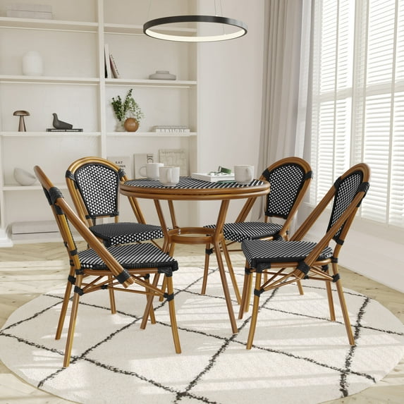 Emma + Oliver Indoor/Outdoor Bistro Style 31.5 in. Table with Black & White PE Rattan, Glass Top, and Four Chairs - Natural Frame