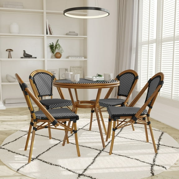 Emma + Oliver Indoor/Outdoor Bistro Style 31.5 in. Table with Black & White PE Rattan, Glass Top, and Four Chairs - Natural Frame