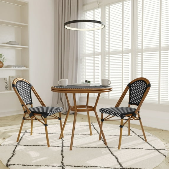 Emma + Oliver Indoor/Outdoor Bistro Style 31.5 in. Table with Black & White PE Rattan, Glass Top, and Two Chairs - Natural Frame