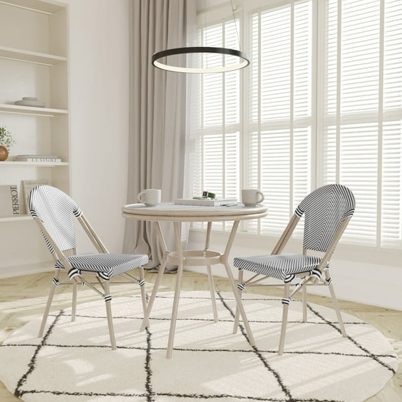 Emma + Oliver Indoor/Outdoor Bistro Style 31.5 in. Table with Black & White Textilene, Glass Top, and Two Chairs - Light Natural Frame