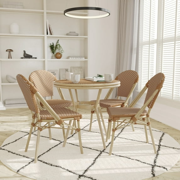 Emma + Oliver Indoor/Outdoor Bistro Style 31.5 in. Table with Natural & White PE Rattan, Glass Top, and Four Chairs - Light Natural Frame