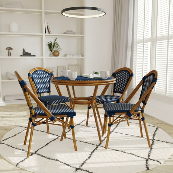 Emma + Oliver Indoor/Outdoor Bistro Style 31.5 in. Table with Navy & White PE Rattan, Glass Top, and Four Chairs - Natural Frame