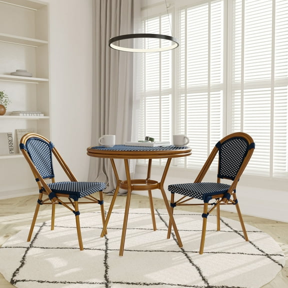 Emma + Oliver Indoor/Outdoor Bistro Style 31.5 in. Table with Navy & White PE Rattan, Glass Top, and Two Chairs - Natural Frame