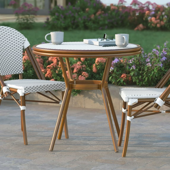Emma + Oliver Indoor/Outdoor Bistro Style 31.5 in. Table with White & Gray PE Rattan, Glass Top, and Natural Bamboo Finished Metal Frame