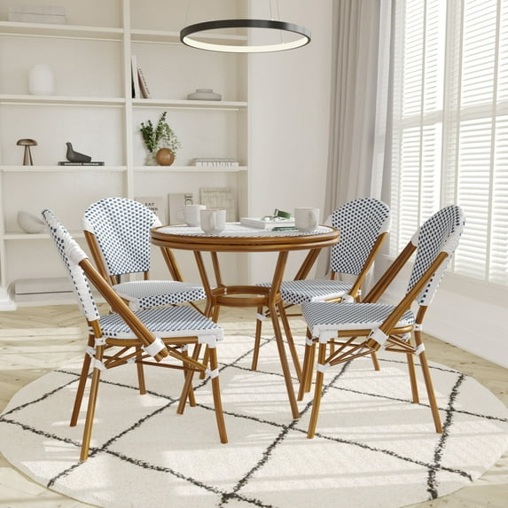Emma + Oliver Indoor/Outdoor Bistro Style 31.5 in. Table with White & Navy PE Rattan, Glass Top, and Four Chairs - Natural Frame
