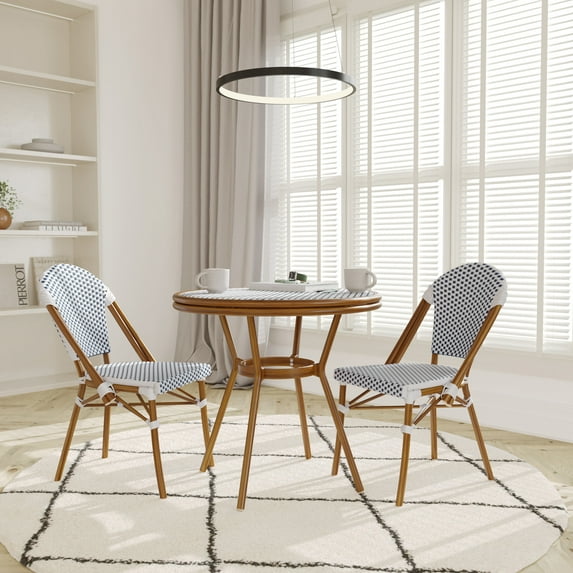 Emma + Oliver Indoor/Outdoor Bistro Style 31.5 in. Table with White & Navy PE Rattan, Glass Top, and Two Chairs - Natural Frame