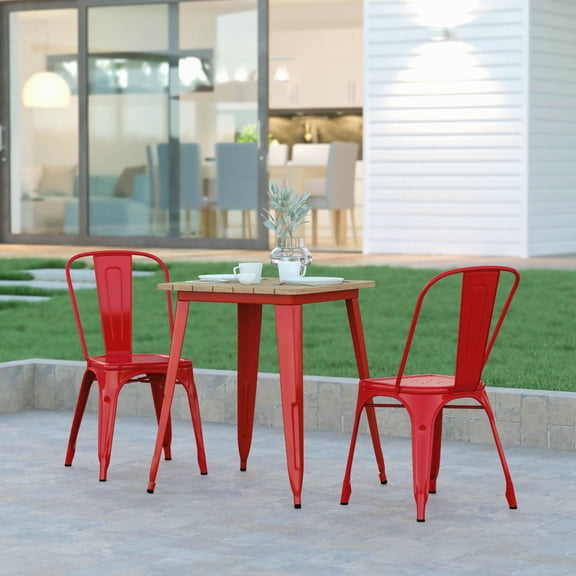 Emma + Oliver Indoor/Outdoor Dining Table, 23.75" Square All Weather Brown Poly Resin Top with Red Steel Base
