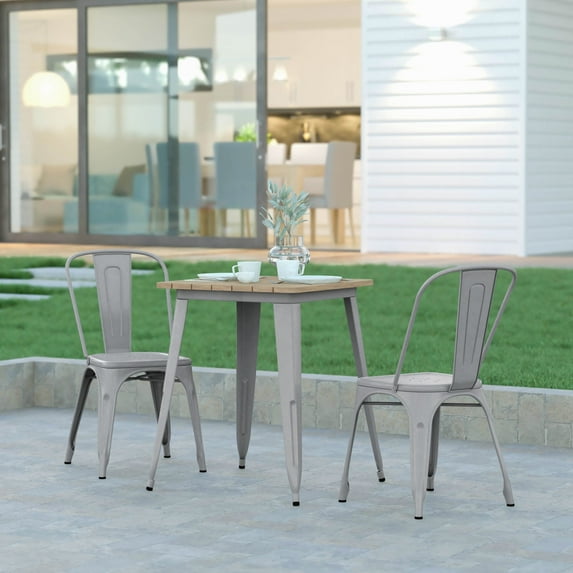 Emma + Oliver Indoor/Outdoor Dining Table, 23.75" Square All Weather Brown Poly Resin Top with Silver Steel Base