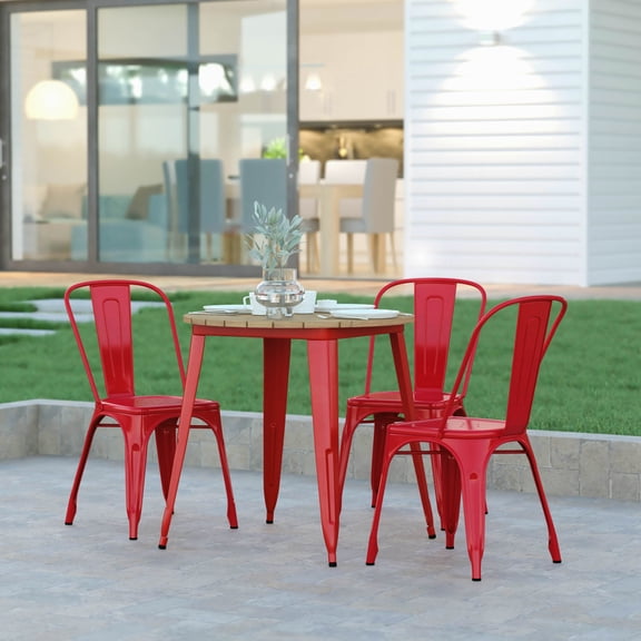 Emma + Oliver Indoor/Outdoor Dining Table, 30" Round All Weather Brown Poly Resin Top with Red Steel Base