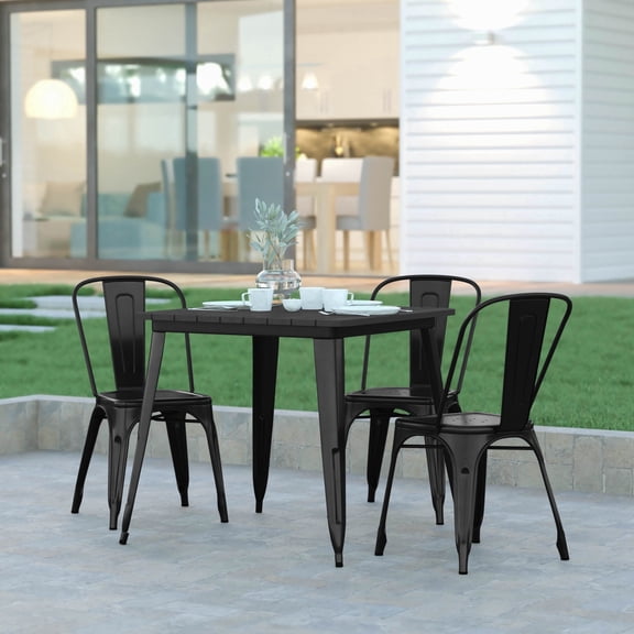 Emma + Oliver Indoor/Outdoor Dining Table, 31.5" Square All Weather Black Poly Resin Top with Black Steel Base