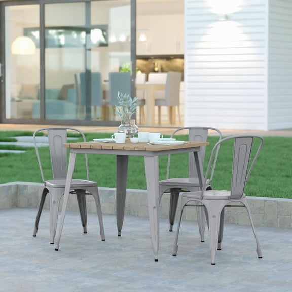 Emma + Oliver Indoor/Outdoor Dining Table, 31.5" Square All Weather Brown Poly Resin Top with Silver Steel Base