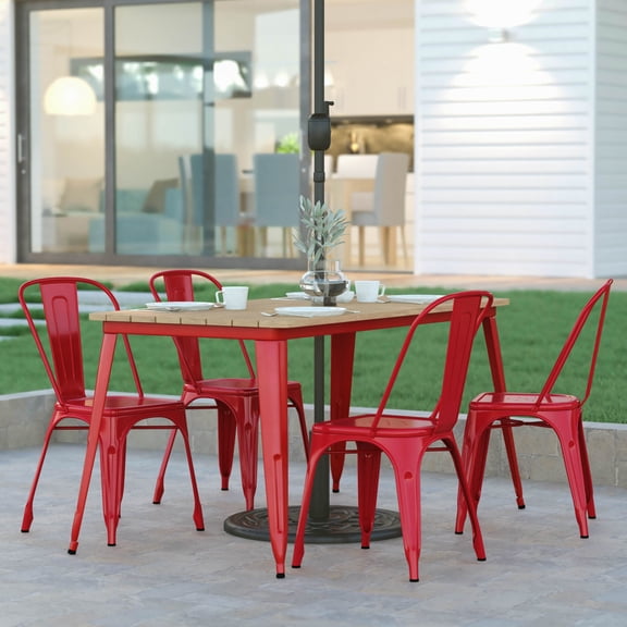 Emma + Oliver Indoor/Outdoor Dining Table with Umbrella Hole, 30" x 60" Rectangular All Weather Brown Poly Resin Top and Red Steel Base