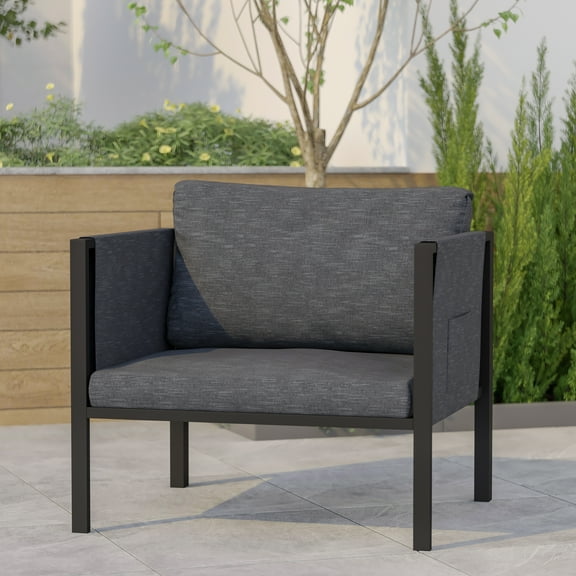 Emma + Oliver Indoor Outdoor Patio Lounge Chair, Black Steel Framed Club Chair with Charcoal Cushions and 2 Storage Pockets