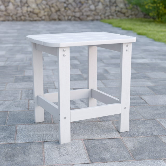 Emma + Oliver Indoor/Outdoor Polyresin Adirondack Side Table for Porch, Patio, or Sunroom in White