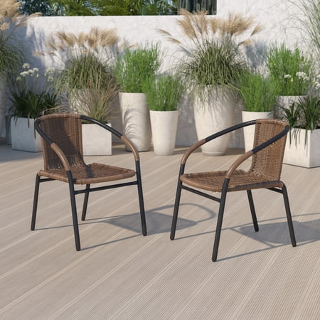 Emma + Oliver 2 Pack Medium Brown Rattan Indoor-Outdoor Restaurant Stack Chair