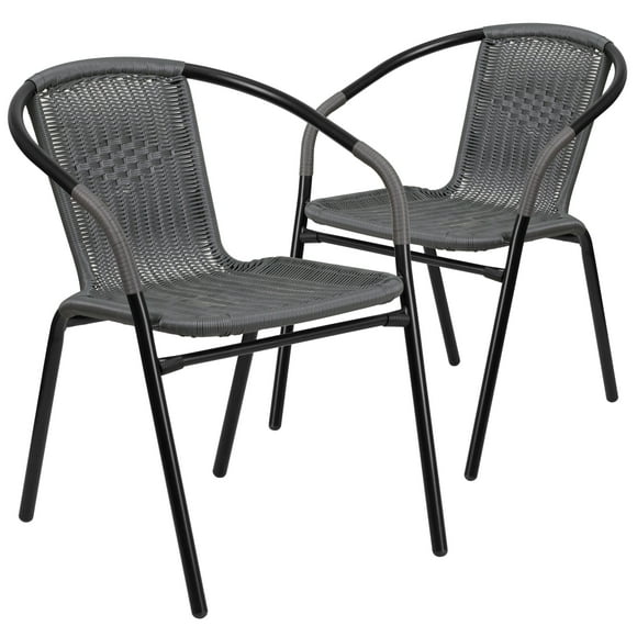 Emma + Oliver Indoor/Outdoor Stacking Rattan Restaurant Patio Chairs, Set of 2, Gray