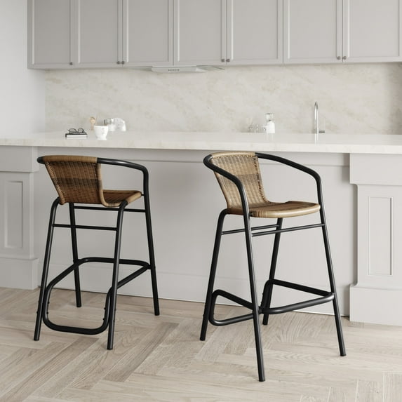 Emma + Oliver Indoor/Outdoor Stacking Thonet Bistro Style Chair with Arms, Black Textilene Seat and Natural Bamboo Finished Metal Frame