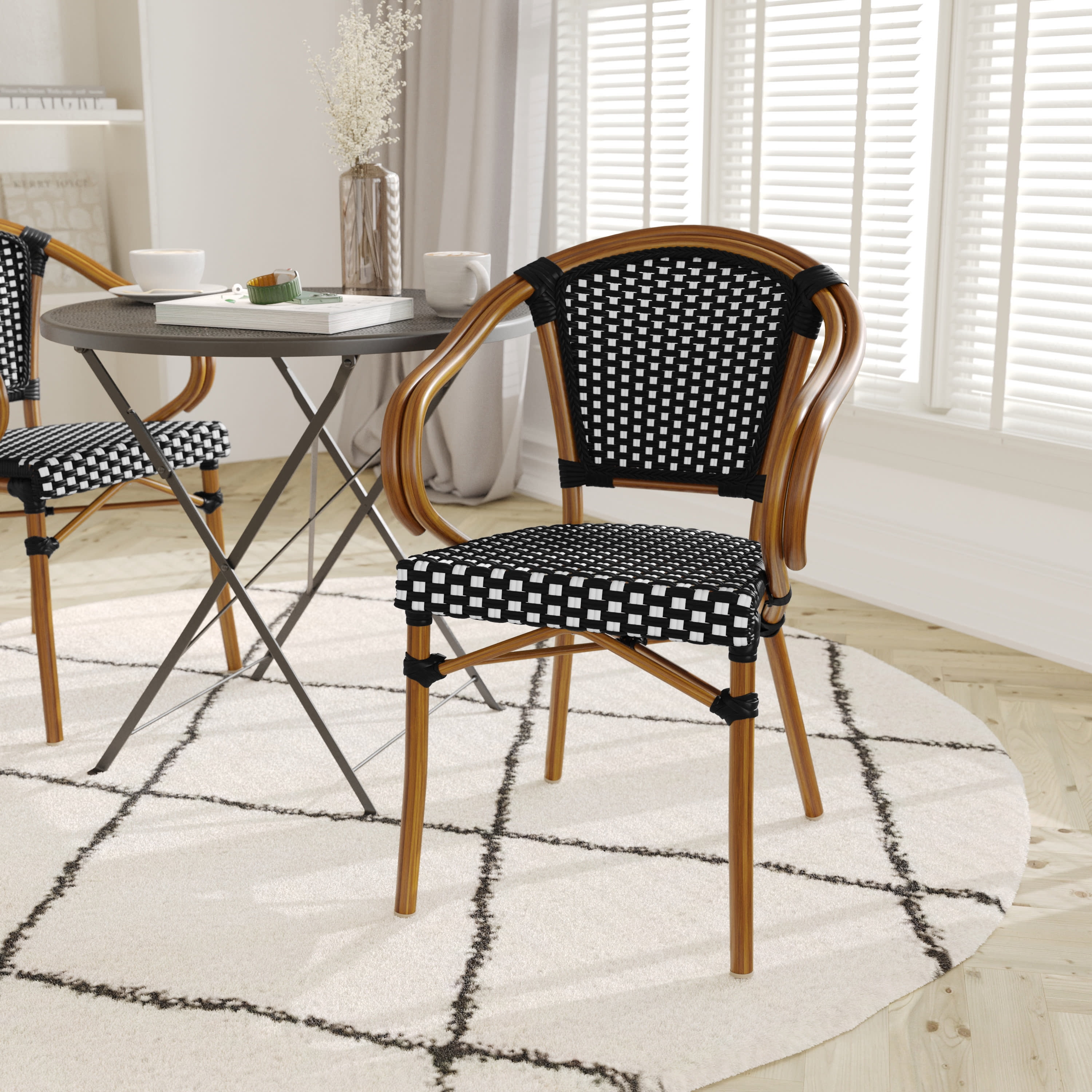 Black and White Woven Rattan Bistro Dining Chair with Natural Bamboo Frame